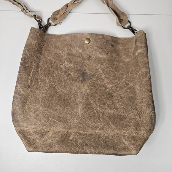 Holy Cow Couture Distressed Grey Tan Leather Feed Bucket Bag Shoulder Purse - Picture 10 of 11